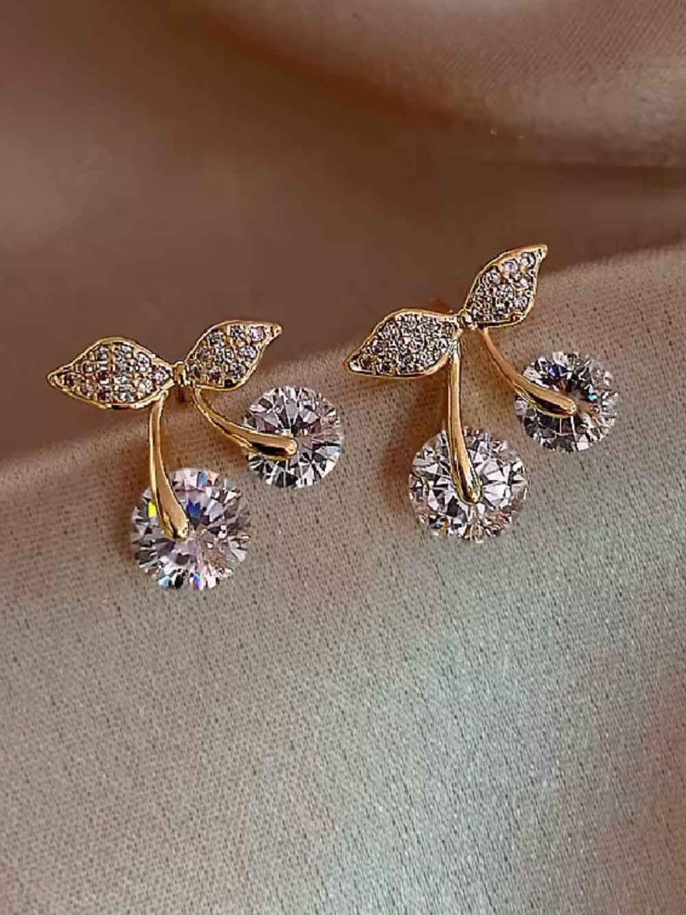 Gold Cherry Crystal Stud Earrings for Women